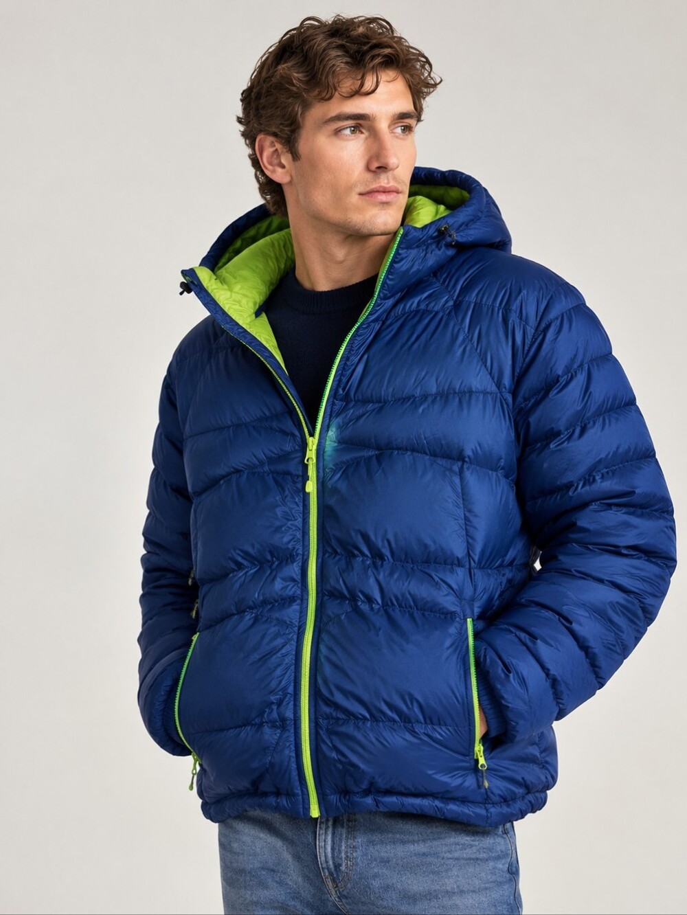 Goose Down Insulation Men's Puffer Jacket Hooded Blue Gorpcore Outdoor Winter